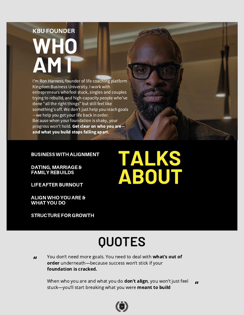 The media kit’s founder story, coaching focus, and speaking topics