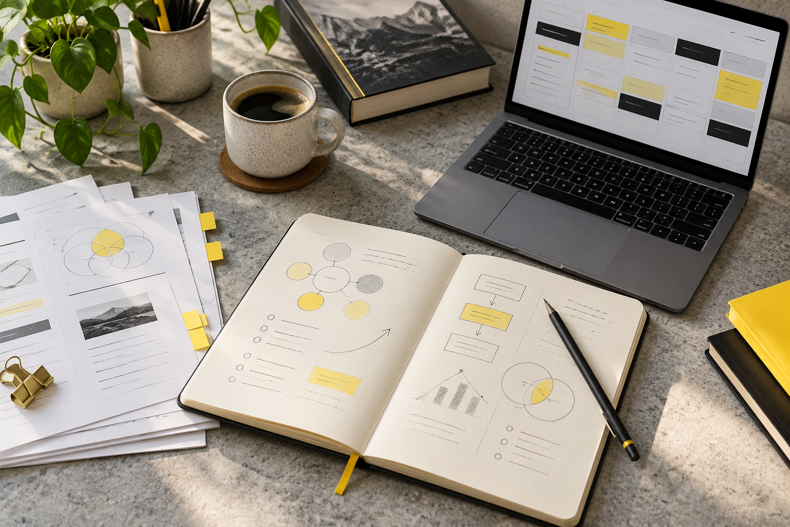Course materials, a notebook, and a laptop arranged for launch planning