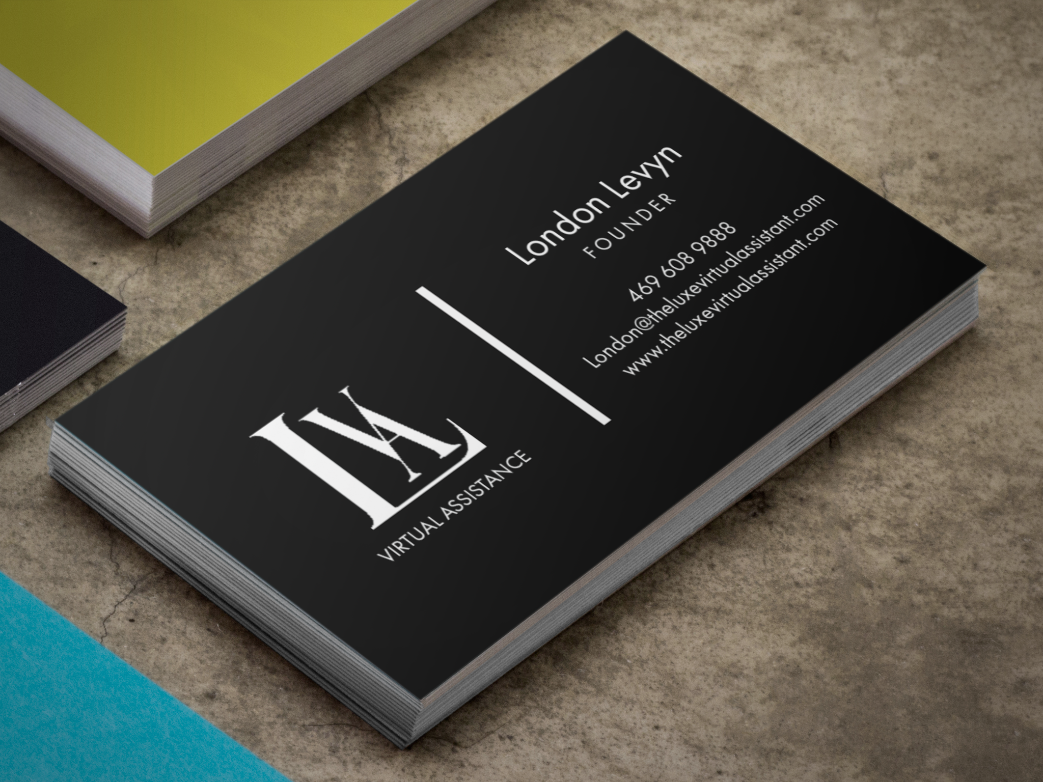 Luxe VA business cards with the approved monogram and London’s contact information