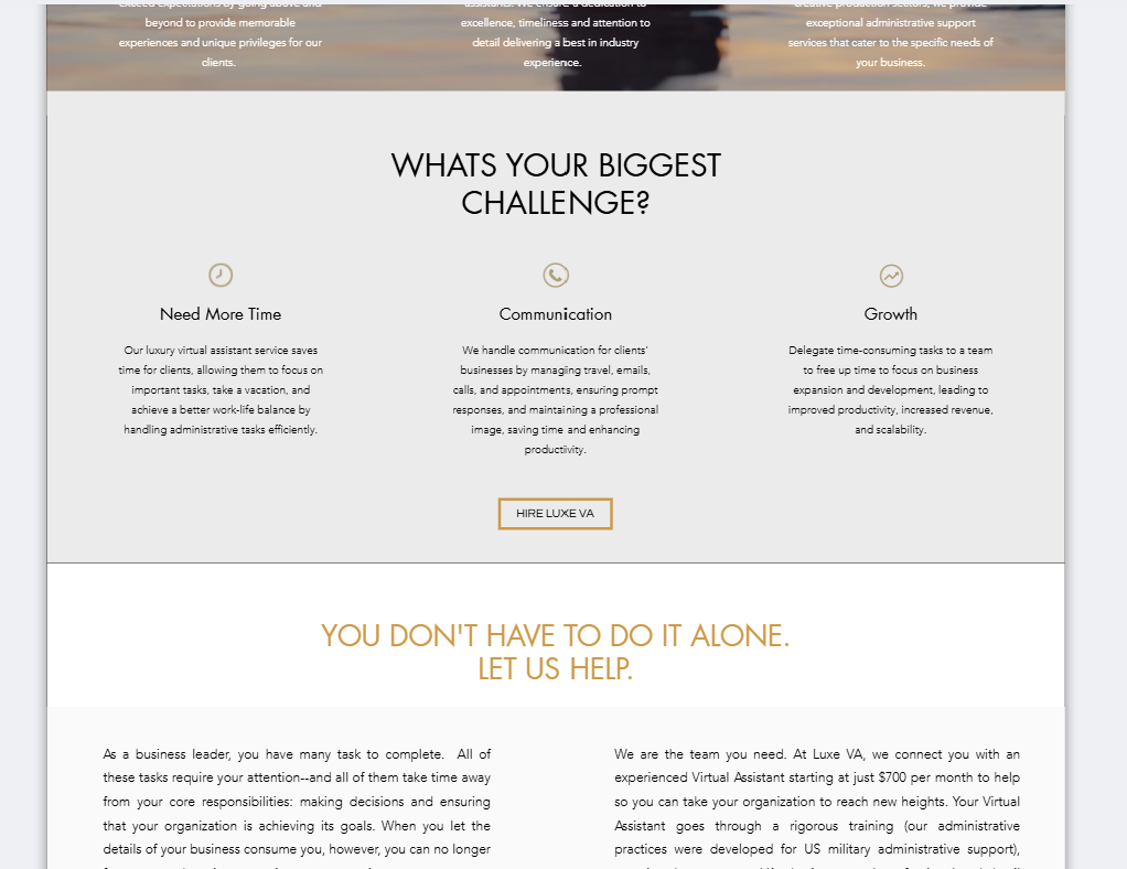 Luxe VA website sections for time, communication, and growth
